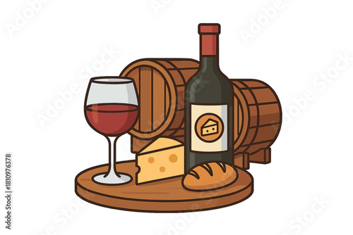 Red wine tasting arrangement with cheese, bread, and wooden barrels