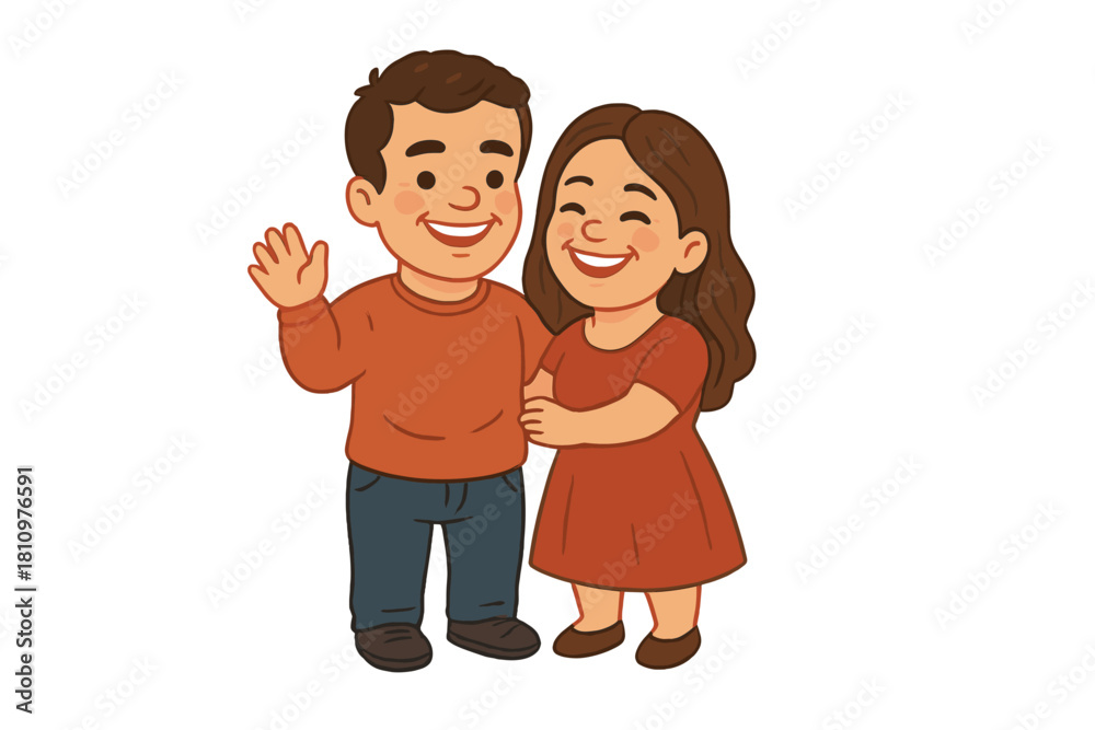 Obraz premium Cheerful couple standing close together waving hello in greeting