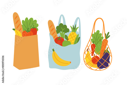 Variety of grocery bags filled with fresh fruits, vegetables, and bread
