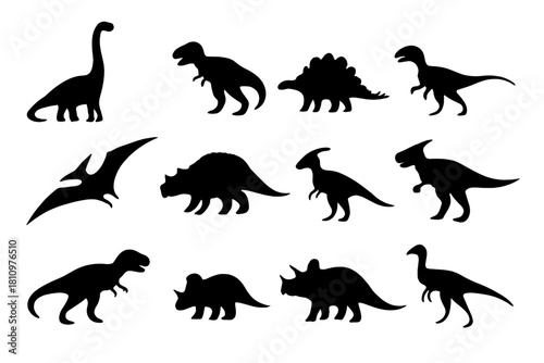 Diverse collection of prehistoric dinosaur and flying reptile black silhouettes