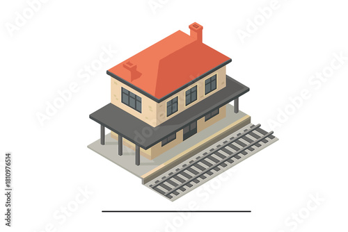 Isometric view of small vintage railway station building with tracks