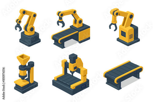 Isometric industrial automation machinery and conveyor belt icons collection
