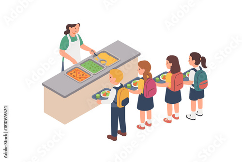 Children lining up for lunch service at school cafeteria counter in isometric view