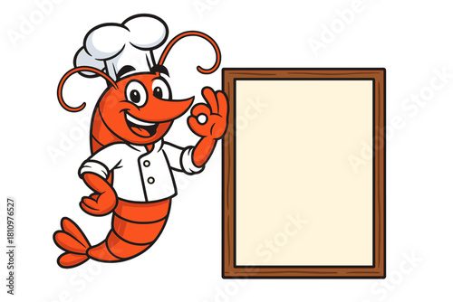Cheerful cartoon shrimp chef character presenting blank menu board