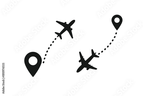 Airplane route tracking with location pins and dashed path