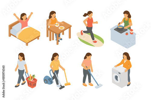 Isometric woman daily routine activities set waking up eating running cooking cleaning shopping