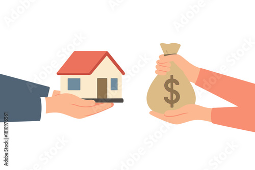 Hands exchanging house for money bag symbolizing real estate deal