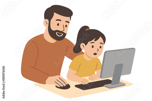 Father teaching young daughter computer skills at desktop monitor