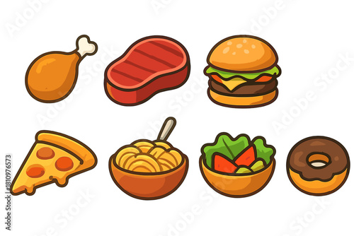 Cartoon fast food and meal icons with bold outlines for menus