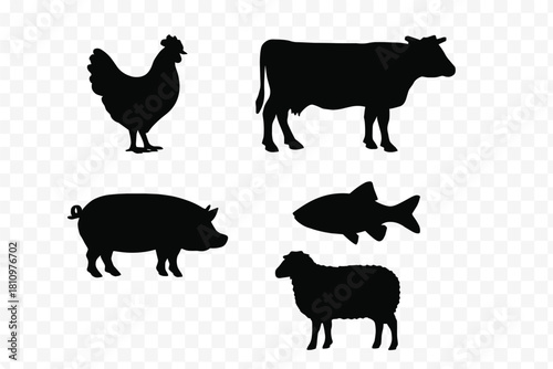 Silhouettes of farm animals and aquatic life including chicken cow pig and sheep