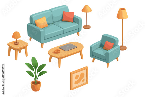 Isometric set of modern living room furniture including sofa and armchair