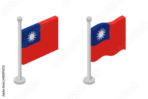 Isometric national flags displayed on vertical poles in 3D style