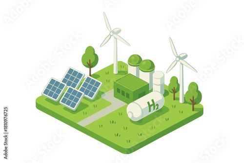 Isometric green energy production facility with solar panels and wind turbines