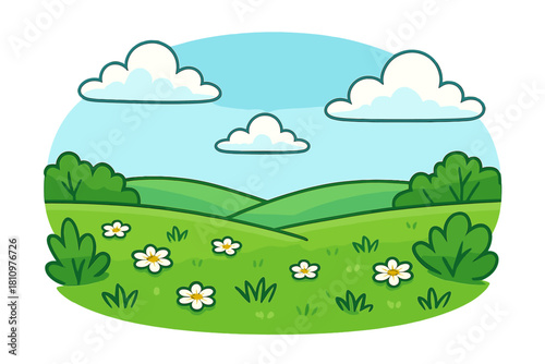 Rolling green hills landscape with daisies and fluffy clouds