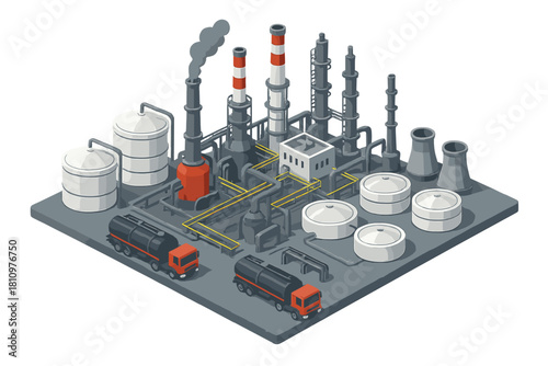 Isometric industrial complex with storage tanks and tanker trucks