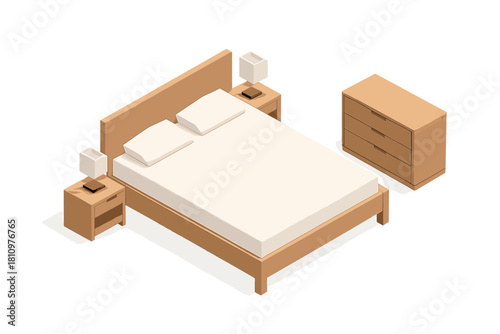 Isometric wooden bedroom furniture set featuring double bed and nightstands