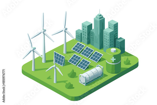Isometric renewable energy concept with wind turbines solar panels and battery storage