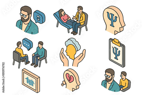 Isometric icons for psychology therapy and mental health concepts