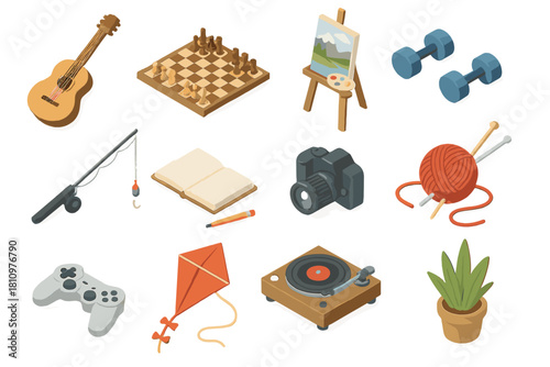 Isometric icons for various hobby and leisure activities