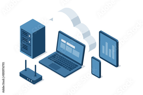 Isometric digital network infrastructure showing connected devices and data flow