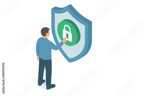 Isometric person interacting with digital security shield and padlock icon