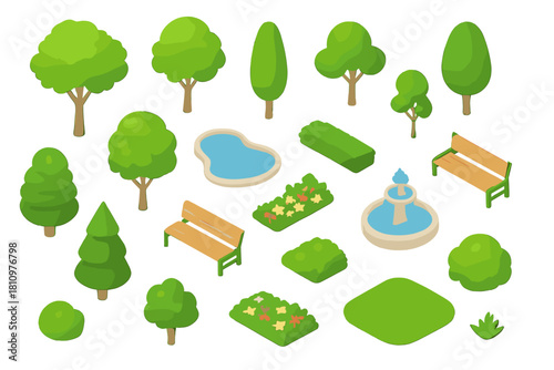 Isometric park elements set including trees benches and water fountain