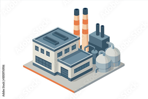 Isometric industrial factory building with smokestacks and storage tanks