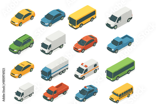 Isometric set of colorful ground transportation vehicles for city navigation