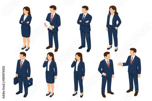 Isometric diverse business professionals in blue suits standing in various poses
