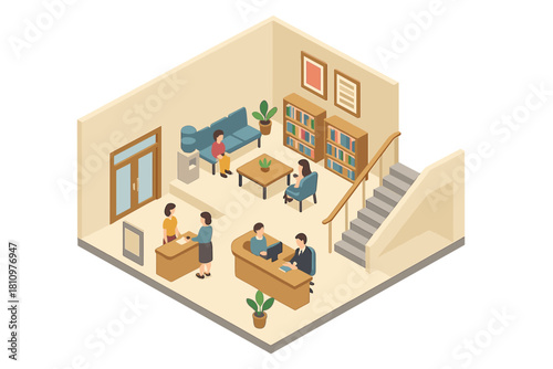 Isometric view of modern reception area with waiting room and interior staircase