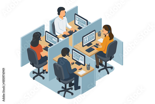 Isometric view of customer support agents working in modern cubicles