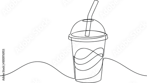 Single line drawing of a takeaway cup with straw drink