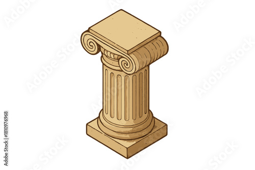 Isometric view of ancient Ionic column capital and shaft segment