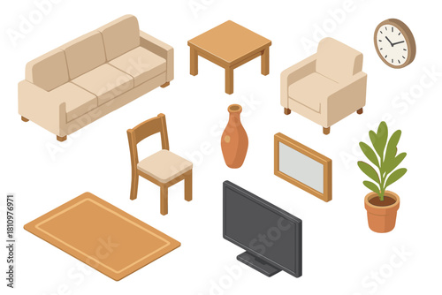 Isometric collection of modern living room furniture and home decor elements