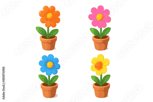 Four vibrant potted plants with soft three dimensional aesthetic