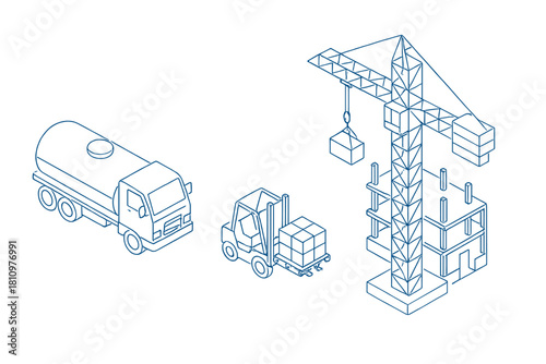 Isometric heavy machinery and building progress outline icons