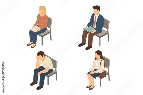 Isometric diverse candidates waiting in chairs for job interview or consultation