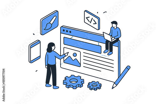 Isometric view of team collaboration in web design and software development