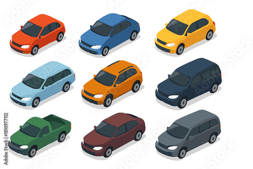 Collection of isometric view automobiles in various body styles and colors