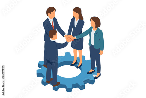 Business team standing on large gear joining hands for unity and success