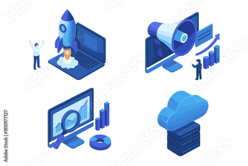Isometric business concepts set featuring startup launch data analysis and cloud storage