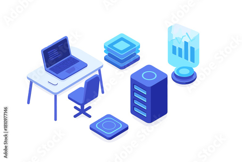 Isometric view of data center hardware with analytics display and laptop