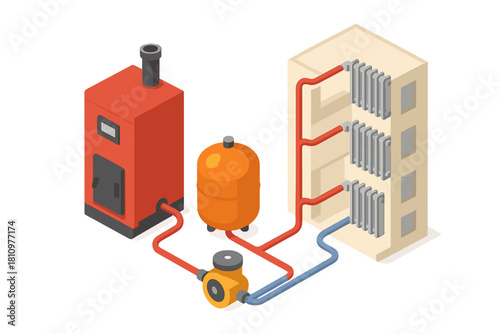 Isometric view of residential central heating system with boiler and radiators