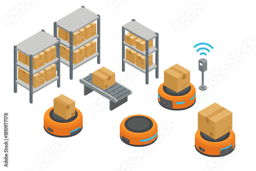 Isometric automated warehouse logistics with mobile robots and shelving units