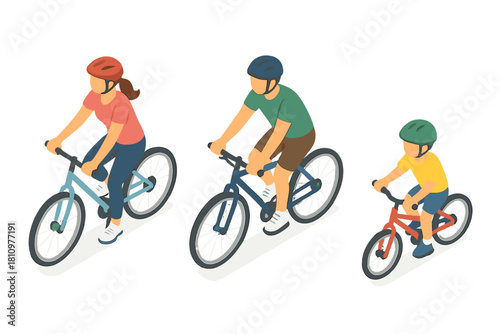Isometric family riding bicycles wearing safety helmets outdoors