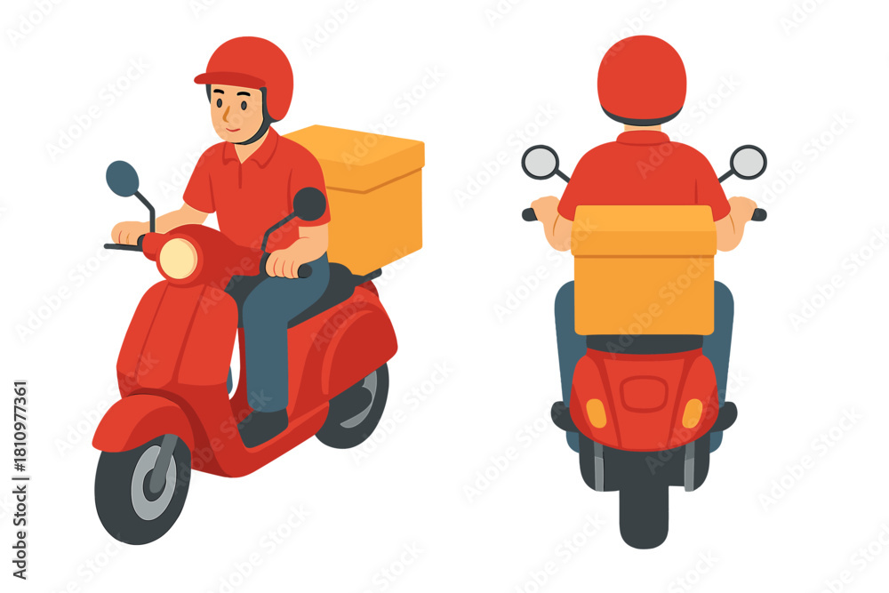 Naklejka premium Delivery person riding red scooter with cargo boxes front and back view