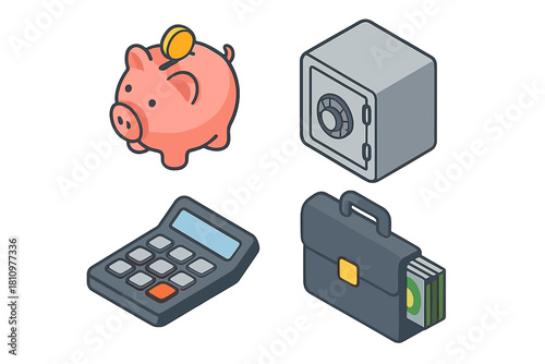 Isometric icons set for finance, savings, banking, and investment concepts