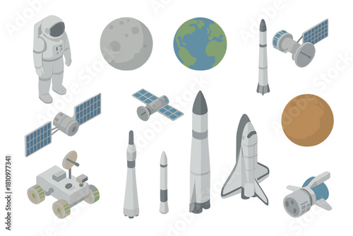 Isometric space exploration icons set with astronaut and celestial bodies