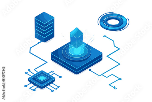 Isometric digital technology components network data processing concept