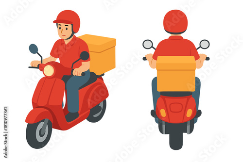 Delivery person riding red scooter with cargo boxes front and back view